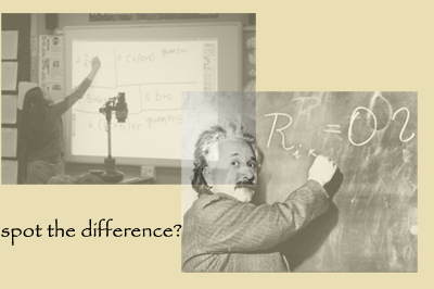 electronic whiteboard juxtaposed with blackboard. Spot the difference